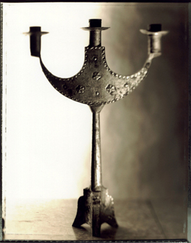 Large format 4x5 view camera, polaroid Type 55 P/N hand prepared negative, hand printed color print.