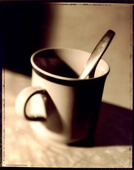 Large format 4x5 view camera, polaroid Type 55 P/N hand prepared negative, hand printed color print.