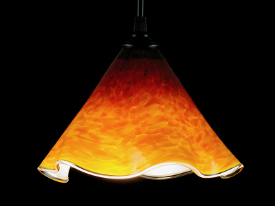 Gold fluted cone pendant lamp - on